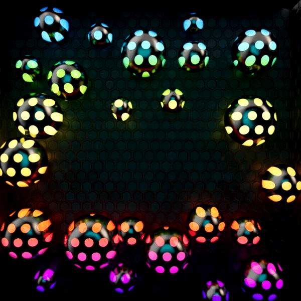 Soft body dynamic simulation of balloons filling the space and leaving negative space of a logo.