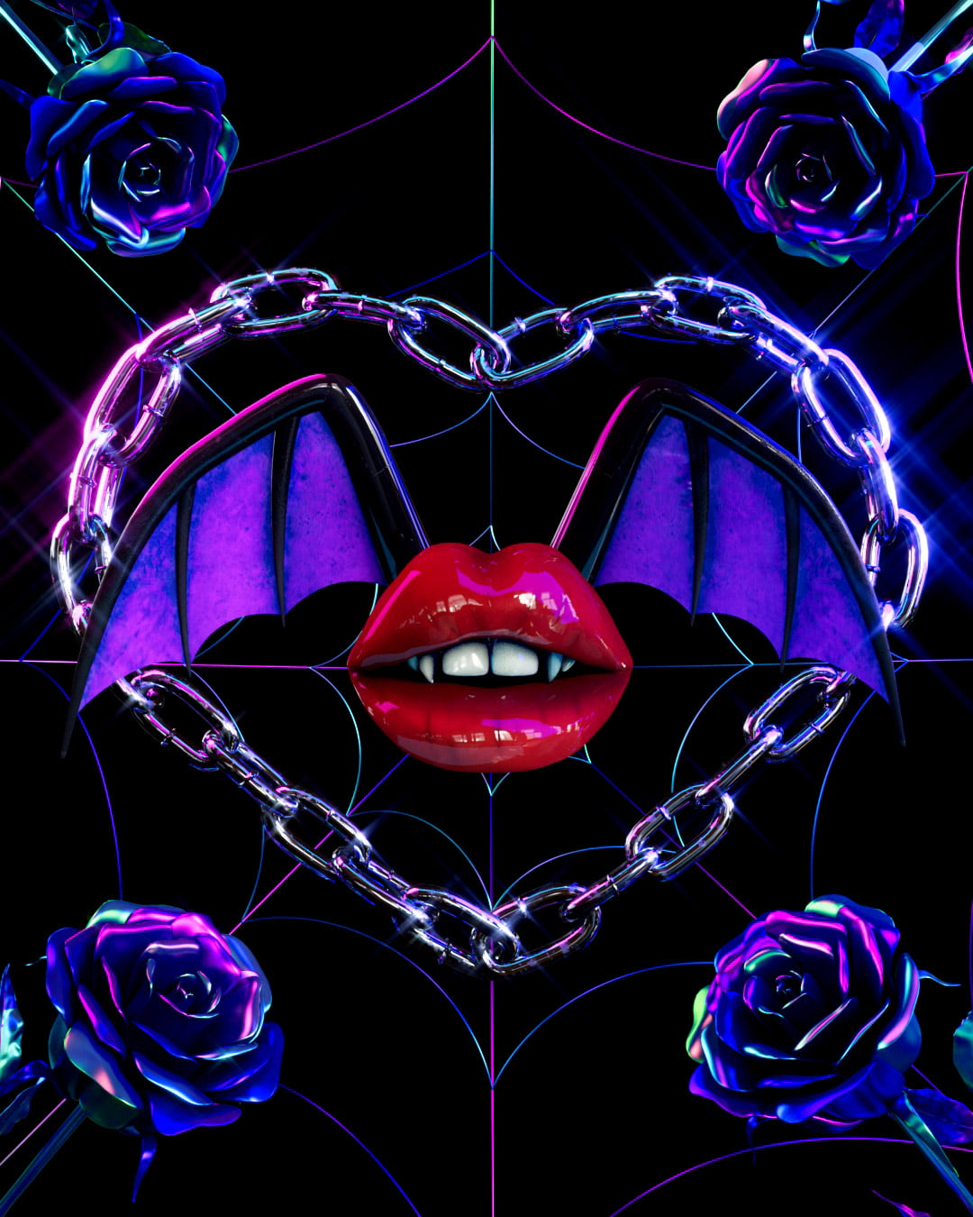Black background with iridescent spiderweb filling the space. Metallic iridescent blue/magenta roses on all corners. A silver heart shaped chain in the center framing juicy red lipstick lips with fangs and black and purple webbed bat wings.