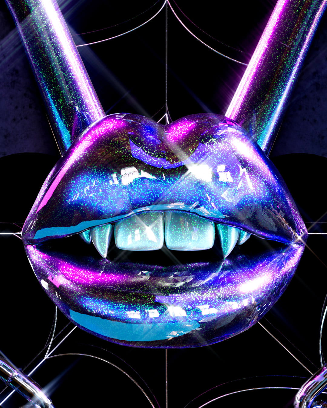 Close up of lips. Black background with silver spiderweb filling the space. Chrome glitter lipstick lips with fangs and chrome glitter and black webbed bat wings.