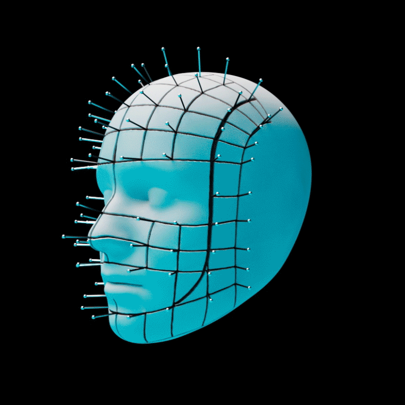 Animated Pinhead demonstration with a face mesh and pins sticking out of it